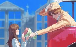 Rule 34 | 1boy, 1girl, absurdres, blue sky, bouquet, brown eyes, brown hair, bus, city, collared shirt, confession, couple, day, fedora, flower, formal, hat, highres, holding, holding bouquet, jacket, long hair, mj154123, motor vehicle, necktie, original, outdoors, shirt, short hair, sky, suit, suit jacket, white shirt, yellow headwear, yellow jacket