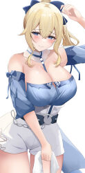 Rule 34 | 1girl, absurdres, bare shoulders, belt, black belt, black bow, blonde hair, blue eyes, blue shirt, bow, breasts, cleavage, closed mouth, commentary request, detached collar, detached sleeves, genshin impact, hair between eyes, hair bow, high-waist shorts, highres, holding, holding towel, jean (genshin impact), jean (sea breeze dandelion) (genshin impact), kunizaki, large breasts, long hair, looking at viewer, o-ring, o-ring belt, official alternate costume, ponytail, shirt, shorts, smile, solo, strapless, strapless shirt, thigh gap, towel, white background, white shorts, white towel