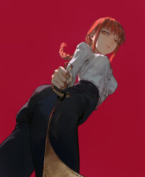 Rule 34 | 1girl, ass, black pants, braid, braided ponytail, breasts, chainsaw man, closed mouth, collared shirt, dino (dinoartforame), from below, highres, holding, holding leash, leash, long sleeves, looking at viewer, makima (chainsaw man), medium breasts, pants, pov, red background, red hair, restrained, shirt, shirt tucked in, simple background, solo, white shirt, yellow eyes