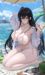 Rule 34 | 1girl, absurdres, azur lane, beach, beach umbrella, black hair, blue sky, blurry, blurry background, bottle, breasts, closed mouth, cloud, cup, day, depth of field, drinking straw, full body, glass bottle, highres, huge breasts, kneeling, long hair, meisansan, navel, one side up, open clothes, open shirt, outdoors, photo (object), red eyes, seiza, shirt, sitting, skindentation, sky, solo, stomach, taihou (azur lane), taihou (seaside daydreams) (azur lane), thighs, umbrella, very long hair, wet, wet clothes, wet shirt, white shirt