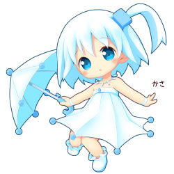 Rule 34 | 1girl, :o, aikei ake, bare shoulders, blue eyes, blue hair, blush, boots, dress, full body, hair between eyes, hair ornament, head tilt, highres, holding, holding umbrella, one side up, original, parted lips, personification, simple background, solo, strapless, strapless dress, translation request, umbrella, white background, white dress, white footwear, white hair, white umbrella