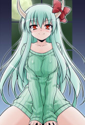 Rule 34 | 1girl, akou roushi, alternate costume, blush, bottomless, breasts squeezed together, breasts, ex-keine, fang, female focus, full moon, green hair, green shirt, horn ornament, horn ribbon, horns, kamishirasawa keine, long hair, moon, naked sweater, no pants, red eyes, ribbed sweater, ribbon, shirt, smile, solo, spread legs, sweater, touhou