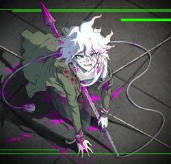 Rule 34 | 1boy, arm support, blood, blood on clothes, bloody weapon, brown pants, chain, collarbone, commentary, danganronpa (series), danganronpa 2: goodbye despair, english commentary, from above, green jacket, hair between eyes, holding, impaled, jacket, komaeda nagito, long sleeves, looking at viewer, looking up, male focus, messy hair, off shoulder, pants, pink blood, rope, shirt, smile, solo, weapon, white hair, white shirt, wire, yandr4hope
