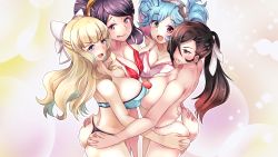 Rule 34 | 4girls, alternate costume, bare shoulders, bikini, black panties, blonde hair, blue bikini, blue bra, blue eyes, blue hair, blush, bow, bra, breast press, breasts, brown eyes, brown hair, charlotte (fire emblem), cleavage, commission, commissioner upload, embarrassed, fire emblem, fire emblem fates, frown, gradient hair, hair bow, hair bun, hair ornament, hair over one eye, hair stick, heart pasties, heterochromia, highres, kagero (fire emblem), large breasts, lingerie, lips, long hair, looking at viewer, multicolored hair, multiple girls, ninja, nintendo, open mouth, orochi (fire emblem), panties, pasties, peri (fire emblem), pink bikini, pink bra, pink hair, pixiv commission, ponytail, purple eyes, purple hair, red bikini, red bra, red eyes, simple background, smile, smug, swimsuit, symmetrical docking, thong, tongue, tongue out, topless, twintails, two-tone hair, underwear, warabe (waraghi), wavy hair, white bikini, white bow, white panties