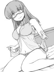 Rule 34 | 1girl, absurdres, babydoll, babydoll lift, bed sheet, blunt bangs, blush, breasts, closed mouth, commentary request, frilled panties, frills, girls und panzer, glasses, greyscale, highres, lifted by self, lingerie, long hair, looking at viewer, medium breasts, monochrome, navel, on bed, panties, renshiu, semi-rimless eyewear, sitting, smile, solo, sweatdrop, takebe saori, under-rim eyewear, underwear, underwear only, wariza