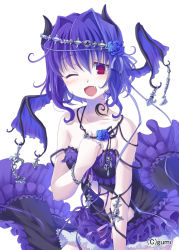 Rule 34 | 1girl, :d, ;d, bare shoulders, belphegor (falkyrie no monshou), blue hair, blush, collarbone, dress, falkyrie no monshou, fang, flower, hair flower, hair ornament, head wings, horns, jewelry, looking at viewer, lots of jewelry, one eye closed, open mouth, red eyes, ribbon, short hair, simple background, sitting, smile, solo, soukuu kizuna, strap slip, watermark, white background, wings
