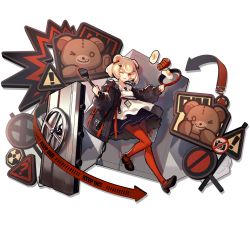 Rule 34 | animal ears, arknights, bear ears, black jacket, blonde hair, cooking, cyrillic, dress, egg (food), food, food-themed hair ornament, fried egg, frying pan, gummy (arknights), gummy (elite ii) (arknights), hair ornament, hair ribbon, hairclip, high heels, holding, holding frying pan, jacket, official art, one eye closed, orange pantyhose, oversized clothes, pale skin, pantyhose, pumps, red eyes, ribbon, sailor collar, sailor dress, shield, sign, skade, smile, spatula, steak, stuffed animal, stuffed toy, teddy bear, transparent background, warning sign, white sailor collar