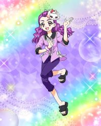 Rule 34 | 1girl, bangs pinned back, black footwear, bracelet, collared shirt, full body, highres, jewelry, long hair, mask, mask on head, milk (yes! precure 5), mimino kurumi, official art, open mouth, pants, precure, precure connection puzzlun, purple hair, purple pants, red eyes, sandals, shirt, smile, solo, thick eyebrows, third-party source, yes! precure 5