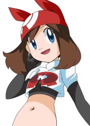 Rule 34 | 1girl, bandana, blue eyes, breasts, brown hair, cosplay, creatures (company), elbow gloves, game freak, gloves, hainchu, jessie (pokemon), jessie (pokemon) (cosplay), long hair, may (pokemon), midriff, navel, nintendo, open mouth, pokemon, pokemon (anime), pokemon rse (anime), simple background, smile, solo, white background