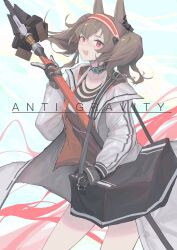 Rule 34 | 1girl, angelina (arknights), animal ears, arknights, bag, brown hair, coat, cover, cover page, earpiece, fox ears, fox girl, gloves, hairband, highres, holding, holding staff, infection monitor (arknights), kuroshiro ti, long hair, long sleeves, looking at viewer, open clothes, open coat, open mouth, red eyes, red hairband, simple background, solo, staff, twintails