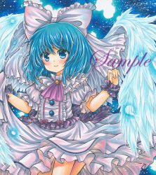 Rule 34 | ascot, blue background, blue eyes, blue hair, blue wings, blush, bow, brooch, closed mouth, cowboy shot, feathered wings, frilled bow, frilled shirt, frilled shirt collar, frilled skirt, frills, hair between eyes, hair bow, jewelry, looking at viewer, mai (touhou), marker (medium), medium hair, orange brooch, puffy short sleeves, puffy sleeves, purple ascot, rui (sugar3), sample watermark, shirt, short sleeves, skirt, skirt hold, smile, touhou, touhou (pc-98), traditional media, watermark, white bow, white shirt, white skirt, wings, wrist cuffs