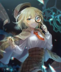 Rule 34 | 1girl, blonde hair, blue eyes, blush, breasts, floating hair, hat, holding, holding jewelry, holding magnifying glass, holding necklace, hololive, hololive english, jewelry, looking at viewer, magnifying glass, mary (14476764), medium breasts, necklace, short hair, smile, solo, virtual youtuber, watson amelia, watson amelia (1st costume)