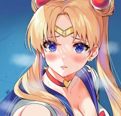 Rule 34 | 1girl, alracoco, artist name, bare shoulders, bishoujo senshi sailor moon, blonde hair, blue eyes, blue sailor collar, blush, bow, bowtie, breasts, breath, choker, circlet, cleavage, collarbone, commentary, crescent, crescent earrings, derivative work, earrings, eyelashes, from side, hair ornament, heart, heart choker, jewelry, long hair, makeup, mascara, meme, parted bangs, parted lips, red bow, red bowtie, red choker, sailor collar, sailor moon, sailor moon redraw challenge (meme), sailor senshi uniform, school uniform, screenshot redraw, serafuku, solo, sweat, sweatdrop, teeth, tsukino usagi, twintails, upper body