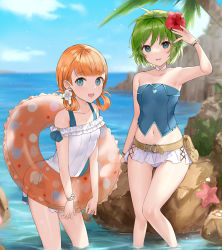 Rule 34 | 2girls, adapted costume, annette fantine dominic, bikini, blue eyes, blue sky, breasts, cloud, collarbone, covered navel, day, fire emblem, fire emblem: three houses, flower, hair flower, hair ornament, haru (nakajou-28), hibiscus, innertube, looking at viewer, miniskirt, multiple girls, navel, nino (fire emblem), nintendo, ocean, one-piece swimsuit, open mouth, orange hair, outdoors, palm tree, partially submerged, red flower, rock, shore, short twintails, skirt, sky, small breasts, smile, strapless, sunlight, swim ring, swimsuit, tree, twintails, water, white bikini, white one-piece swimsuit, wristband