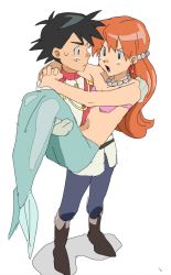 Rule 34 | 1boy, 1girl, alternate costume, ash ketchum, black eyes, black hair, blue pants, carrying, collarbone, creatures (company), earrings, eye contact, game freak, gloves, green eyes, hair down, hair ornament, hands on another&#039;s shoulders, highres, jewelry, looking at another, mermaid, mermaid misty (pokemon), misty (pokemon), monster girl, nashubi (to infinity wow), necklace, nintendo, open mouth, orange hair, pants, pokemon, pokemon (anime), pokemon (classic anime), princess carry, shell, shell bikini, standing, white background, white gloves