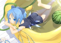 Rule 34 | 1girl, alternate hairstyle, blue eyes, blue hair, bow, cirno, grin, hair bow, highres, hose, leg up, looking at viewer, lying, matching hair/eyes, on stomach, one-piece swimsuit, ponytail, pool, rubber duck, sakurea, school swimsuit, short hair, slippers, smile, solo, swimsuit, touhou, water