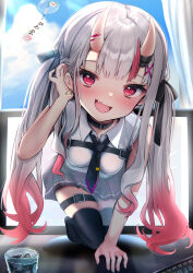 Rule 34 | 1girl, absurdres, black choker, black skirt, black thighhighs, blue sky, blush, choker, earrings, fang, glass, hair between eyes, hair ribbon, hand in own hair, highres, hololive, horns, ice, jewelry, karma (nakiri ayame), keyboard (computer), looking at viewer, monitor, multicolored hair, nakiri ayame, nakiri ayame (streetwear), necktie, no shoes, oni, poyoyo (nakiri ayame), red eyes, ribbon, shiranui (nakiri ayame), shirt, skin-covered horns, skirt, sky, smile, solo, streaked hair, terra bose, thighhighs, twintails, virtual youtuber, white hair, white shirt