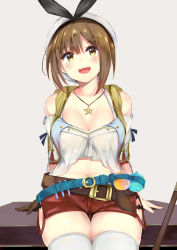 Rule 34 | 1girl, :d, atelier (series), atelier ryza, atelier ryza 1, bare shoulders, belt, beret, blush, breasts, brown eyes, brown gloves, brown hair, cleavage, collarbone, commentary request, cowboy shot, flask, gloves, hat, highres, irohara, jewelry, large breasts, looking at viewer, midriff, navel, necklace, open mouth, red shorts, reisalin stout, shirt, short hair, short shorts, shorts, single glove, sitting, smile, solo, staff, star (symbol), thighhighs, thighs, vest, white hat, white shirt, white thighhighs, yellow vest