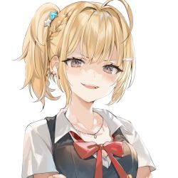 Rule 34 | 1girl, ahoge, black vest, blonde hair, blouse, blush, bow, bowtie, braid, breasts, cleavage, collarbone, collared shirt, commentary request, crossed arms, french braid, grey eyes, hair bun, hair ornament, hairpin, highres, jewelry, looking at viewer, loose bowtie, momoko (momopoco), necklace, open mouth, pendant, ponytail, red bow, red bowtie, shirt, short sleeves, single hair bun, solo, teeth, tokidoki bosotto roshia-go de dereru tonari no arya-san, upper body, upper teeth only, vest, white shirt
