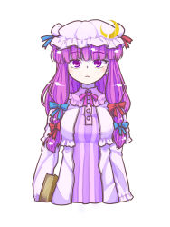 Rule 34 | 1girl, blunt bangs, book, bow, crescent, crescent hat ornament, cropped torso, dress, fufuyomumusu, hat, hat ornament, highres, long hair, looking at viewer, mob cap, patchouli knowledge, purple eyes, purple hair, ribbon, solo, striped, touhou, upper body