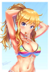 Rule 34 | 1girl, adjusting hair, arms behind head, bikini, blonde hair, blush, border, breasts, cleavage, collarbone, commentary request, dated, eyelashes, front-tie bikini top, front-tie top, head tilt, highres, hydro p, idolmaster, idolmaster cinderella girls, idolmaster cinderella girls starlight stage, jewelry, large breasts, long hair, looking at viewer, mouth hold, navel, necklace, o-ring, o-ring bikini, ohtsuki yui, ponytail, purple eyes, rainbow bikini, side-tie bikini bottom, solo, swimsuit, twitter username, white border
