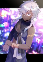 Rule 34 | asymmetrical sleeves, black pants, black shirt, blurry, blurry background, building, cityscape, closed mouth, commentary request, commission, dark skin, depth of field, grey eyes, grey hair, hair over one eye, kou hiyoyo, long hair, long sleeves, original, pants, shirt, skeb commission, solo