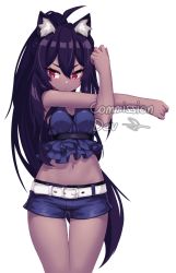 Rule 34 | 1girl, animal ear fluff, animal ears, arm across chest, bare arms, bare shoulders, belt, belt buckle, black hair, blue shorts, blush, borrowed character, breasts, buckle, closed mouth, commission, crop top, dark-skinned female, dark skin, dev (dev0614), eyebrows hidden by hair, hair between eyes, high ponytail, long hair, looking away, looking to the side, midriff, navel, original, ponytail, red eyes, short shorts, shorts, simple background, sleeveless, small breasts, solo, stretching, thigh gap, transparent background, v-shaped eyebrows, very long hair, watermark, white background, white belt