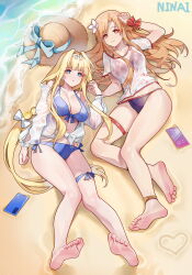 Rule 34 | 2girls, alice zuberg, asuna (sao), bare arms, bare legs, bare shoulders, barefoot, beach, bikini, blonde hair, blue bikini, blue eyes, braid, braided ponytail, breasts, brown eyes, brown hair, cellphone, commentary, feet, hair intakes, hat, highres, holding hands, interlocked fingers, large breasts, long hair, looking at viewer, multiple girls, ninai, phone, sand, shirt, soles, swimsuit, sword art online, sword art online: alicization, sword art online: alicization - war of underworld, symbol-only commentary, toes, very long hair, wet, wet clothes, white shirt, yuri
