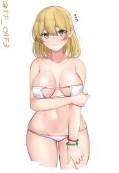 Rule 34 | 1girl, alternate costume, arm under breasts, bare shoulders, bikini, blonde hair, blush, bracelet, breasts, brown eyes, cleavage, cowboy shot, cropped legs, eyepatch bikini, grin, highres, holding own arm, jewelry, kantai collection, looking at viewer, medium breasts, navel, oboro (kancolle), one-hour drawing challenge, short hair, simple background, smile, solo, sweat, swimsuit, tf cafe, twitter username, white background, white bikini