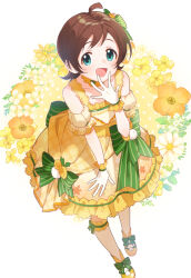 Rule 34 | 1girl, :d, ahoge, bare shoulders, blush, booota, breasts, brown hair, collarbone, detached sleeves, dot nose, dress, floral background, floral print, frilled dress, frilled sleeves, frills, from above, full body, gloves, green eyes, green ribbon, hair ribbon, hand to own mouth, hand up, idolmaster, idolmaster million live!, idolmaster million live! theater days, kinoshita hinata, kneehighs, looking at viewer, looking up, open hands, open mouth, print dress, ribbon, shoes, short hair, sleeveless, sleeveless dress, small breasts, smile, socks, solo, white gloves, white socks, yellow dress, yellow sleeves