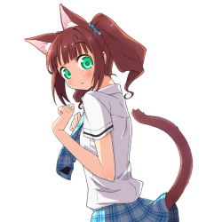 Rule 34 | 1girl, animal ears, bad id, bad pixiv id, blush, brown hair, cat ears, cat girl, cat tail, chika (orange pop), extra ears, female focus, from behind, green eyes, idolmaster, idolmaster (classic), lifted by tail, long hair, looking back, necktie, open mouth, school uniform, simple background, solo, surprised, tail, takatsuki yayoi, twintails, white background