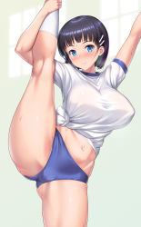 Rule 34 | 1girl, arms up, black hair, blue background, blue buruma, blunt bangs, blush, bob cut, breasts, buruma, closed mouth, commentary request, feet out of frame, gluteal fold, gradient background, green hair, gym shirt, gym uniform, hair ornament, hairclip, highres, kawase seiki, kirigaya suguha, kneehighs, kneepits, large breasts, leg up, looking at viewer, multicolored hair, navel, shirt, short hair, short sleeves, smile, socks, solo, split, standing, standing on one leg, standing split, sweat, sword art online, thighs, tied shirt, trefoil, two-tone hair, white shirt, white socks