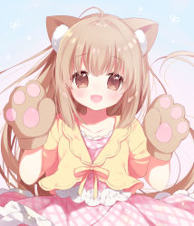 Rule 34 | 1girl, :d, ame usari, animal ears, animal hands, bad id, bad pixiv id, blush, brown eyes, cat ears, collarbone, commentary request, dress, gloves, hair between eyes, hands up, highres, idolmaster, idolmaster cinderella girls, jacket, light brown hair, long hair, looking at viewer, open mouth, paw gloves, pink dress, plaid, plaid dress, short sleeves, sidelocks, smile, solo, very long hair, wide sleeves, yellow jacket, yorita yoshino