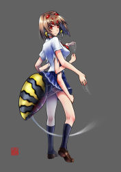 Rule 34 | 1girl, arthropod girl, ass, brown hair, extra arms, extra eyes, insect girl, kneehighs, loafers, monster girl, muchousha, original, panties, red eyes, school uniform, shoes, silk, skirt, socks, solo, spider girl, spider web, torn clothes, underwear