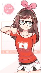 Rule 34 | 1girl, :3, absurdres, aqua eyes, arm behind back, artist name, black-framed eyewear, breasts, brown hair, character name, clothes writing, collarbone, commentary, contrapposto, cowboy shot, english commentary, fklars, glasses, hair ornament, highres, kizuna ai, kizuna ai inc., long hair, looking at viewer, medium breasts, multicolored hair, off shoulder, pink hair, play button, pointing, pointing at self, red shirt, shirt, short shorts, short sleeves, shorts, smug, solo, standing, streaked hair, t-shirt, twitter username, virtual youtuber, white shorts, youtube