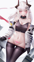 Rule 34 | 1girl, absurdres, arknights, bad id, bad pixiv id, binggong asylum, black gloves, black pantyhose, breasts, chinese commentary, cleavage, clothes pull, commentary request, cowboy shot, crop top, duplicate, gloves, grey background, groin, heart, heart tattoo, highres, horns, large breasts, long hair, long sleeves, looking at viewer, midriff, mudrock (arknights), navel, pantyhose, pantyhose pull, parted lips, partial commentary, pink eyes, pointy ears, pubic tattoo, silver hair, smile, solo, standing, stomach, strap slip, tattoo, thighband pantyhose, thighs