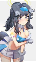 Rule 34 | 1girl, arm under breasts, bare arms, bare shoulders, black hair, blue archive, blush, breasts, cheerleader, cleavage, cleavage cutout, closed mouth, clothing cutout, cowboy shot, crop top, facial mark, gloves, grey gloves, grey skirt, halo, head wings, hibiki (blue archive), hibiki (cheer squad) (blue archive), highres, large breasts, leaning forward, long hair, looking at viewer, millennium cheerleader outfit (blue archive), miniskirt, navel, official alternate costume, ponytail, simple background, skirt, solo, solokitsune, star (symbol), tail, white background, wings