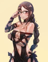 Rule 34 | 1girl, adjusting eyewear, arm under breasts, black dress, blush, bow (bhp), braid, breasts, brown hair, center opening, choker, cleavage, closed mouth, collarbone, commentary request, dress, earrings, unworn eyewear, fate/grand order, fate (series), glasses, hand on eyewear, holding, holding removed eyewear, jewelry, long hair, looking at viewer, medium breasts, navel, red eyes, revealing clothes, sidelocks, single braid, solo, yu mei-ren (fate), yu mei-ren (first ascension) (fate)