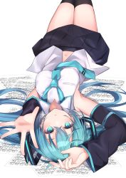 Rule 34 | 1girl, aqua eyes, aqua hair, aqua necktie, armpits, arms up, bare shoulders, black skirt, black sleeves, breasts, chroemaguro, commentary request, detached sleeves, expressionless, hatsune miku, highres, looking at viewer, lying, medium breasts, miniskirt, navel, necktie, on back, open hand, paper, parted lips, pleated skirt, reaching, reaching towards viewer, shirt, simple background, skirt, sleeveless, sleeveless shirt, solo, thighs, twintails, upside-down, vocaloid, white background, white shirt
