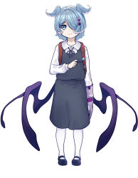 Rule 34 | 1am, 1girl, among us, backpack, bag, blue eyes, blue hair, collared shirt, commentary, crewmate (among us), dress, elira pendora, english commentary, gloves, grey gloves, hair over one eye, head wings, highres, charm (object), low wings, nijisanji, nijisanji en, one eye covered, shirt, short hair, single glove, solo, virtual youtuber, white dress, white shirt, wings, aged down