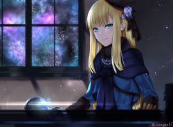 Rule 34 | 1girl, aona (anagasaki), black hat, black ribbon, blonde hair, blue capelet, blue dress, capelet, closed mouth, dress, fate (series), flower, green eyes, hat, hat flower, hat ribbon, indoors, long hair, looking at viewer, lord el-melloi ii case files, reines el-melloi archisorte, ribbon, sky, smile, solo, star (sky), starry sky, twitter username, upper body, very long hair, white flower