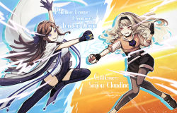 Rule 34 | 2girls, arm up, black gloves, black hairband, black shorts, blonde hair, blue background, boots, bow, bracelet, brown footwear, brown hair, brown legwear, cape, character name, clenched teeth, commentary request, commission, cosplay, creatures (company), cropped jacket, crossover, drop shadow, duel, energy, eye contact, feather trim, female protagonist (pokemon go), female protagonist (pokemon go) (cosplay), fingerless gloves, floating cape, floating hair, game freak, gloves, grin, hair bow, hair ornament, hairband, half updo, hands up, highres, holding, holding poke ball, jacket, jewelry, knees together feet apart, leg up, leggings, light particles, long hair, looking at another, multiple girls, nintendo, orange background, orange jacket, outline, outstretched arm, outstretched arms, parted bangs, parted lips, pearl anklet, pearl bracelet, poke ball, pokemon, pokemon go, purple bow, purple eyes, purple footwear, purple gloves, red eyes, saijou claudine, shoes, shorts, shoujo kageki revue starlight, sidelocks, skeb commission, sleeves past elbows, smile, standing, standing on one leg, sweatdrop, tareko, teeth, tendou maya, thank you, thigh boots, thighhighs, two-tone background, vs, wavy hair, white cape, white outline, x hair ornament