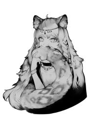 Rule 34 | 1girl, absurdres, animal ear fluff, animal ears, arknights, bead necklace, beads, black cape, braid, cape, cat ears, covering own mouth, dress, grey eyes, greyscale, head chain, highres, holding tail, jewelry, leopard ears, leopard girl, leopard tail, long hair, looking at viewer, monochrome, necklace, pramanix (arknights), side braids, solo, tail, tail on face, turtleneck, turtleneck dress, upper body, vantsuki, wristband