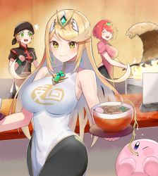 Rule 34 | 3girls, ^^^, arms (game), bandana, black headwear, blonde hair, blush, bowl, breasts, china dress, chinese clothes, closed mouth, dress, food, green eyes, headpiece, highres, holding, holding plate, katwo, kirby, kirby (series), large breasts, long hair, looking at another, looking at viewer, meme, min min (arms), multiple girls, mythra (xenoblade), nintendo, noodles, open mouth, plate, pyra (xenoblade), red hair, short hair, sleeveless, sleeveless dress, smile, super smash bros., white dress, xenoblade chronicles (series), xenoblade chronicles 2, yellow eyes