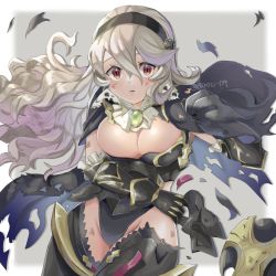 Rule 34 | 1girl, alternate costume, armor, bare shoulders, black armor, black panties, blonde hair, breasts, brooch, cape, cleavage, closed mouth, corrin (female) (fire emblem), corrin (female) (nohr noble) (fire emblem), corrin (fire emblem), detached collar, fire emblem, fire emblem fates, gloves, hairband, highres, jewelry, large breasts, long hair, looking at viewer, makoto 139, nintendo, official alternate costume, panties, red eyes, slit pupils, thighs, torn cape, torn clothes, underwear, wavy hair