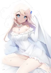 Rule 34 | 1girl, absurdres, arm up, bare shoulders, barefoot, blonde hair, blue eyes, breasts, bridal veil, cleavage, collarbone, dress, elbow gloves, eyes visible through hair, feather boa, feet out of frame, g36 (girls&#039; frontline), g36 (pure white cornflower) (girls&#039; frontline), girls&#039; frontline, gloves, hand on floor, highres, holding veil, light blush, long hair, looking at viewer, medium breasts, official alternate costume, on floor, open mouth, smile, soles, solo, tears, thighs, toes, veil, wedding dress, white background, white dress, white gloves, white veil, yanwulazy