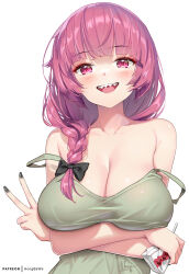 1girl alcohol_carton alternate_breast_size bare_shoulders bocchi_the_rock! braid breasts camisole cleavage collarbone green_camisole hair_over_shoulder hiroi_kikuri holding_carton hong_(white_spider) large_breasts long_hair looking_at_viewer purple_eyes purple_hair sharp_teeth single_braid solo teeth v