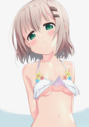 Rule 34 | 1girl, arms behind back, bikini, blush, breasts, closed mouth, commentary request, green eyes, grey hair, hair between eyes, hair ornament, hairclip, halterneck, kohshibasaki, looking at viewer, navel, short hair, small breasts, solo, stomach, swimsuit, underboob, upper body, wavy mouth, white bikini, yama no susume, yukimura aoi