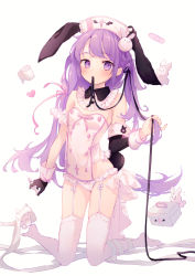 Rule 34 | 1girl, animal, animal ears, armband, bandages, bandaid, black gloves, black ribbon, black sleeves, blush, braid, breasts, closed mouth, collar, commentary request, detached collar, detached sleeves, frilled collar, frills, garter straps, gloves, hair ornament, hair ribbon, hat, heart, highres, holding, kneeling, long hair, long sleeves, looking at viewer, mouth hold, no shoes, nurse, nurse cap, original, pink ribbon, purple eyes, purple hair, rabbit, rabbit ears, rabbit hair ornament, ribbon, ribbon in mouth, safety pin, simple background, single detached sleeve, single glove, small breasts, solo, strapless, suzumori uina, thighhighs, very long hair, white background, white collar, white hat, white thighhighs