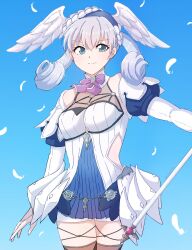 Rule 34 | 1girl, blue background, blue eyes, braid, breasts, chobi0521, closed mouth, commentary request, crown braid, curly hair, dress, gloves, grey hair, head wings, highres, holding, holding staff, juliet sleeves, long sleeves, looking at viewer, makna armour, medium breasts, melia antiqua, o-ring, puffy sleeves, short dress, simple background, smile, solo, staff, thighhighs, wings, xenoblade chronicles (series), xenoblade chronicles 1